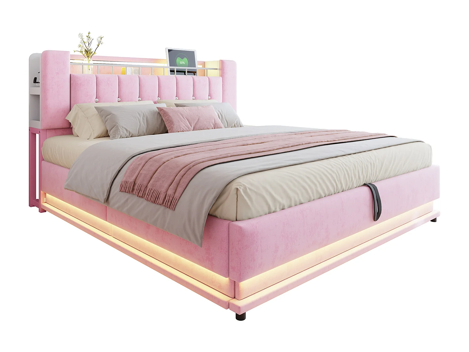 Lit coffre pour enfant - 180 x 200 cm - avec Leds +  USB + tête de lit avec rangement - structure en métal - MDF - rose