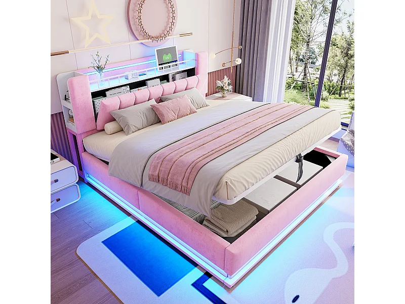 Kinderbett mit Stauraum – 180 x 200 cm – mit LEDs, USB-Anschluss und Kopfteil mit Stauraum – Metallrahmen – MDF – rosa