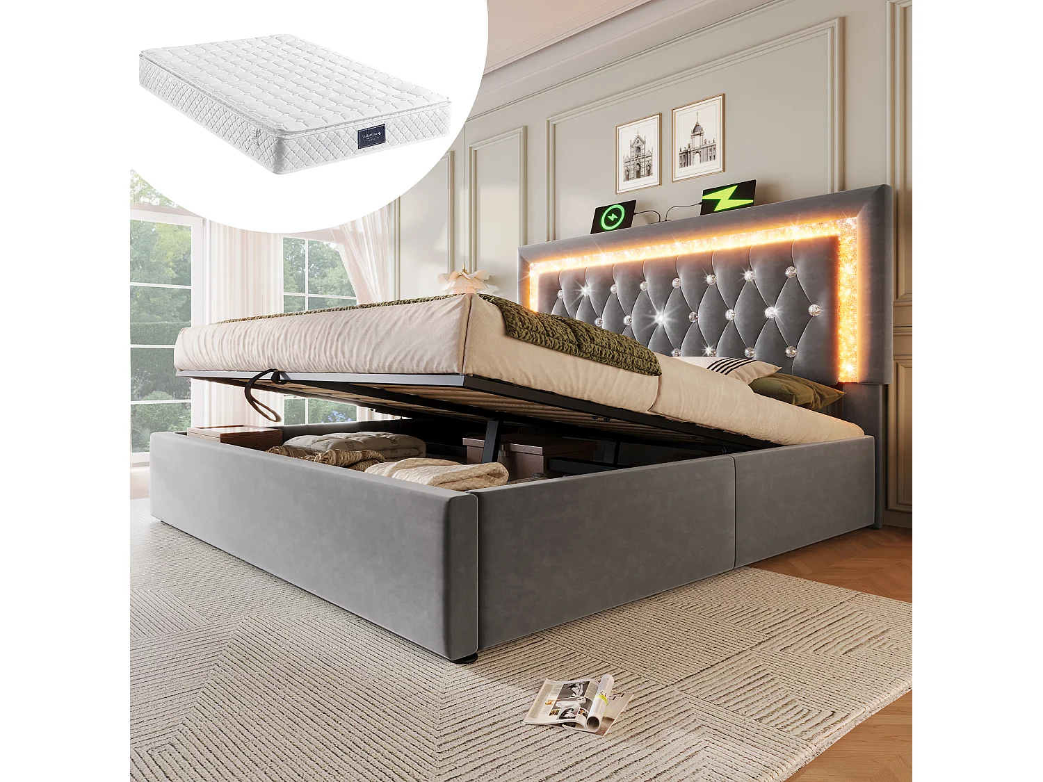 Cama doble tapizada con almacenaje - 140 x 200 cm - cabecero con LEDs + USB y Tipo-C - almacenaje hidráulico - terciopelo - gris (con colchón)