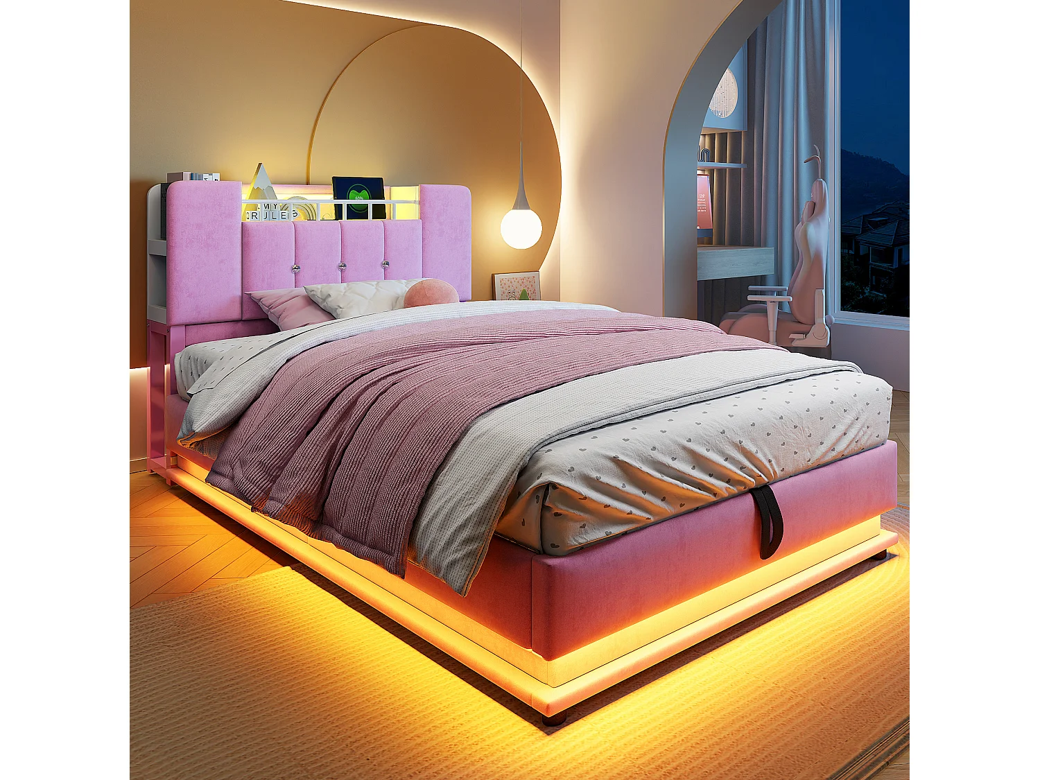 Lit coffre pour enfant - 90 x 200 cm - avec Leds +  USB + tête de lit avec rangement - structure en métal - MDF - rose