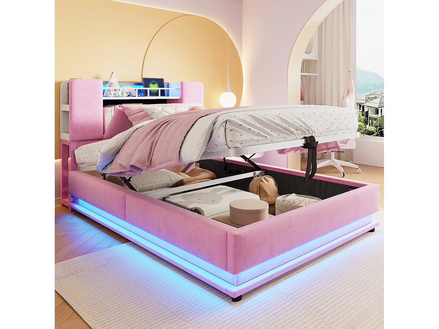 Lit coffre pour enfant - 90 x 200 cm - avec Leds +  USB + tête de lit avec rangement - structure en métal - MDF - rose