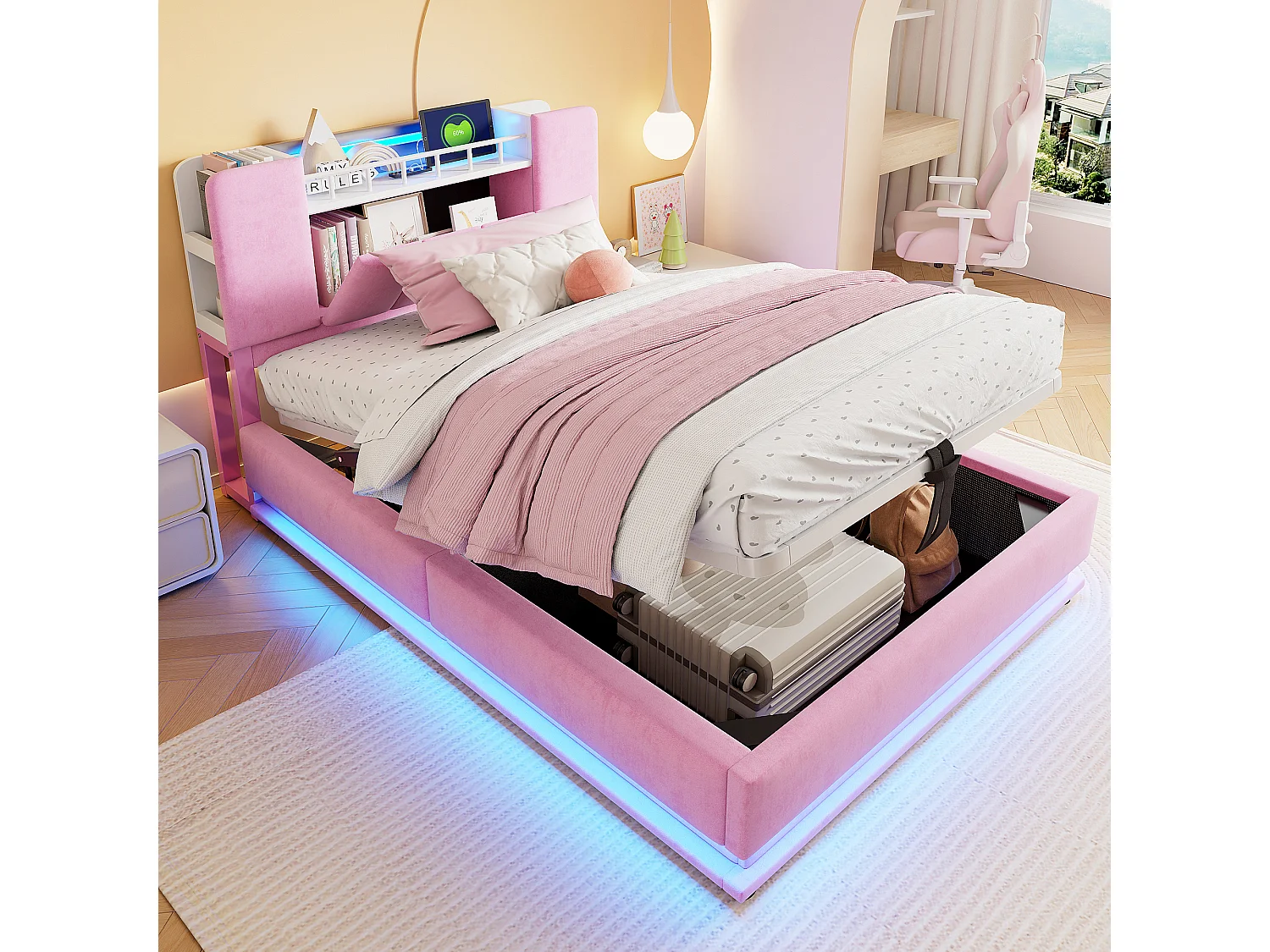 Kinderbett mit Stauraum – 90 x 200 cm – mit LEDs, USB-Anschluss und Kopfteil mit Stauraum – Metallrahmen – MDF – rosa