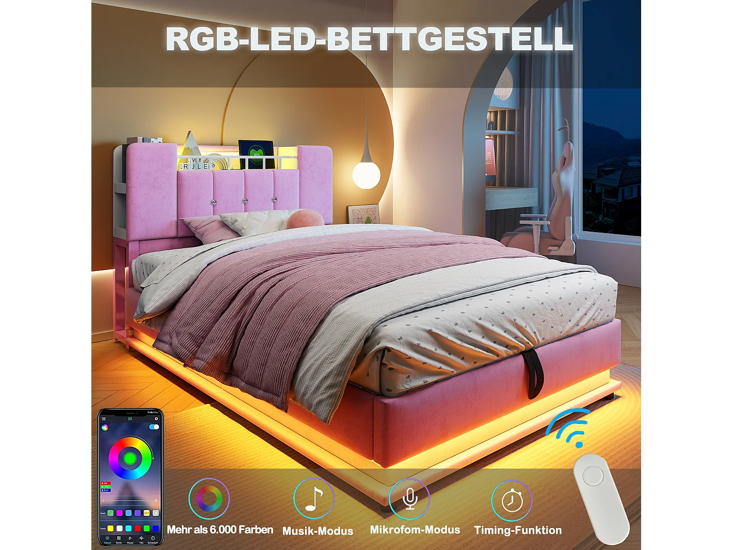 Kinderbett mit Stauraum – 90 x 200 cm – mit LEDs, USB-Anschluss und Kopfteil mit Stauraum – Metallrahmen – MDF – rosa