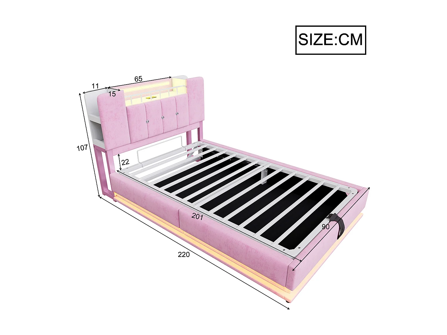 Kinderbett mit Stauraum – 90 x 200 cm – mit LEDs, USB-Anschluss und Kopfteil mit Stauraum – Metallrahmen – MDF – rosa