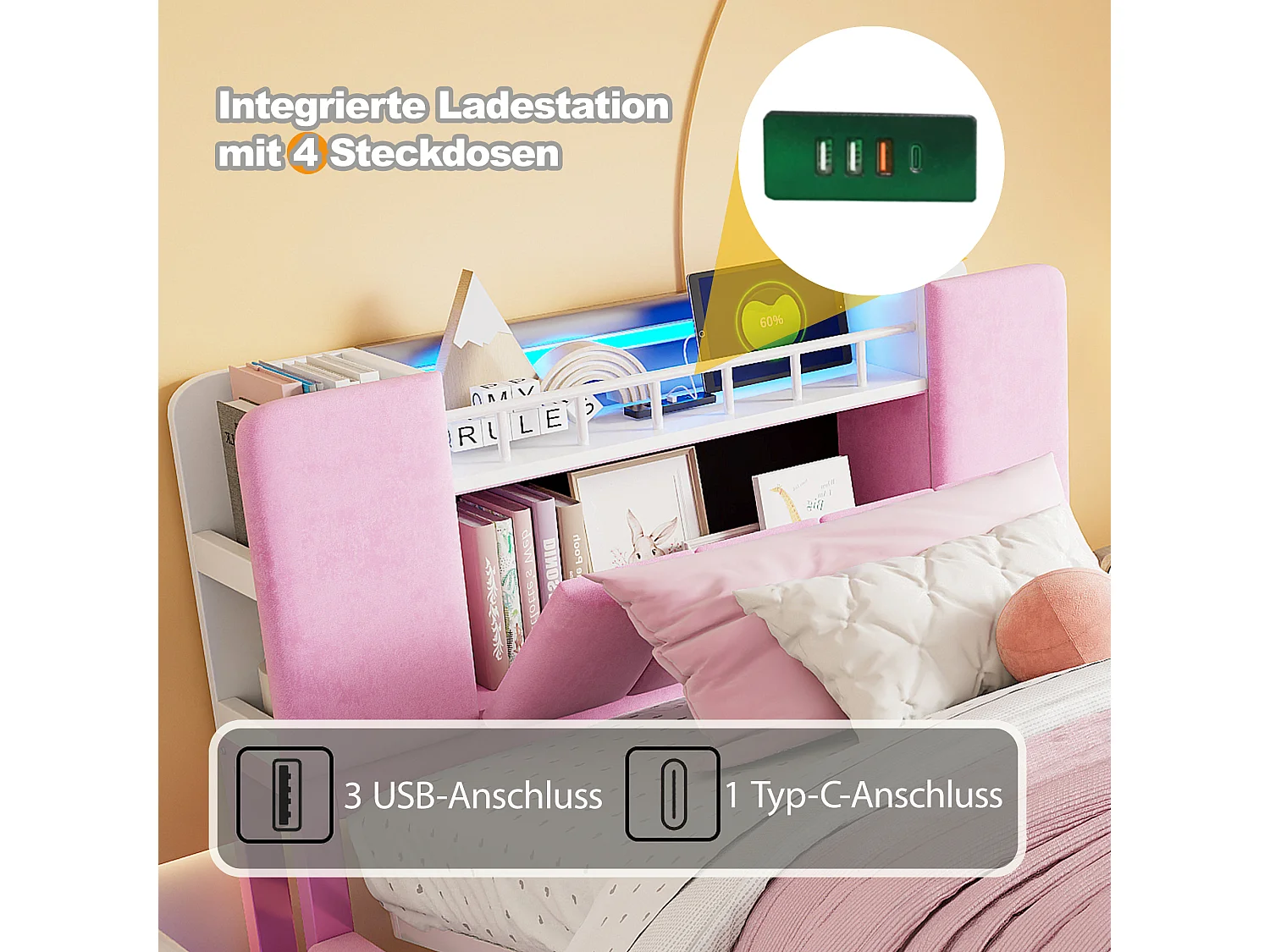 Kinderbett mit Stauraum – 90 x 200 cm – mit LEDs, USB-Anschluss und Kopfteil mit Stauraum – Metallrahmen – MDF – rosa