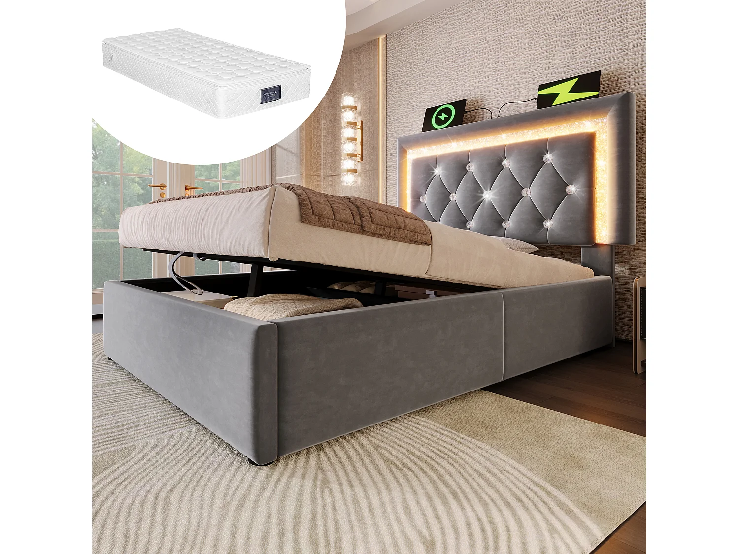 Cama individual tapizada con almacenaje - 90 x 200 cm - cabecero con LEDs + USB y Tipo-C - almacenaje hidráulico - terciopelo - gris (con colchón)