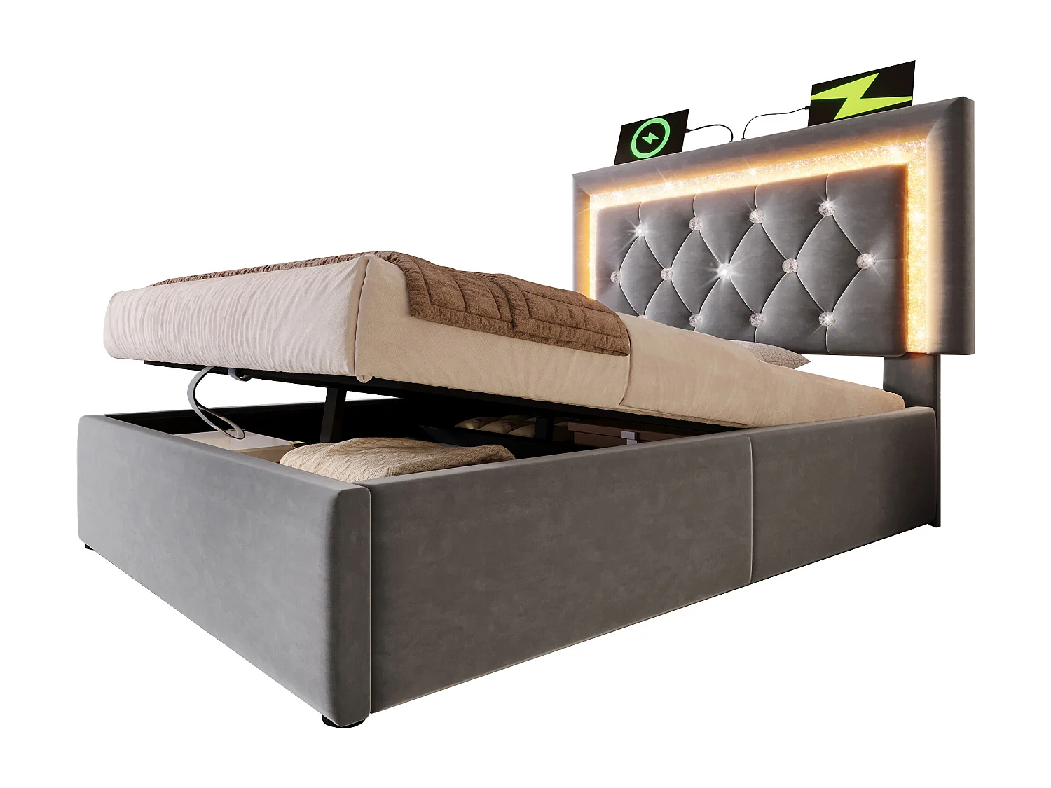 Cama individual tapizada con almacenaje - 90 x 200 cm - cabecero con LEDs + USB y Tipo-C - almacenaje hidráulico - terciopelo - gris (con colchón)