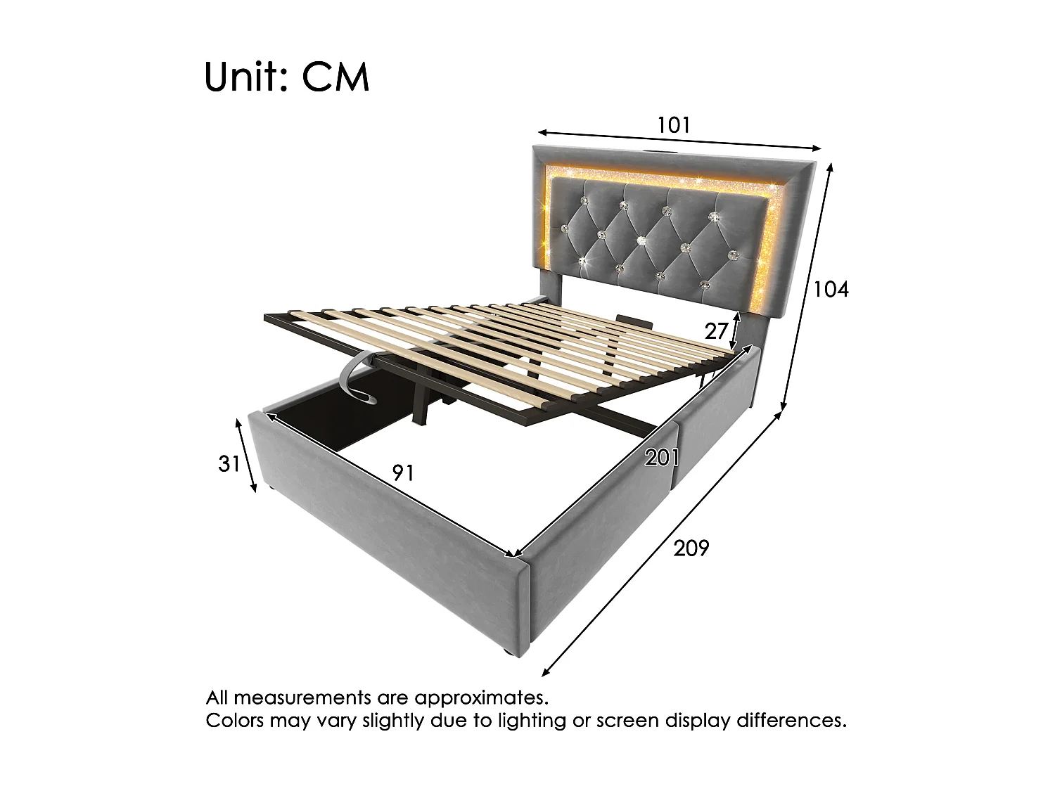 Gestoffeerd eenpersoonsbed met opbergruimte - 90 x 200 cm - hoofdeinde met LED's + USB en Type-C - hydraulische opbergruimte - fluweel - grijs (met matras)