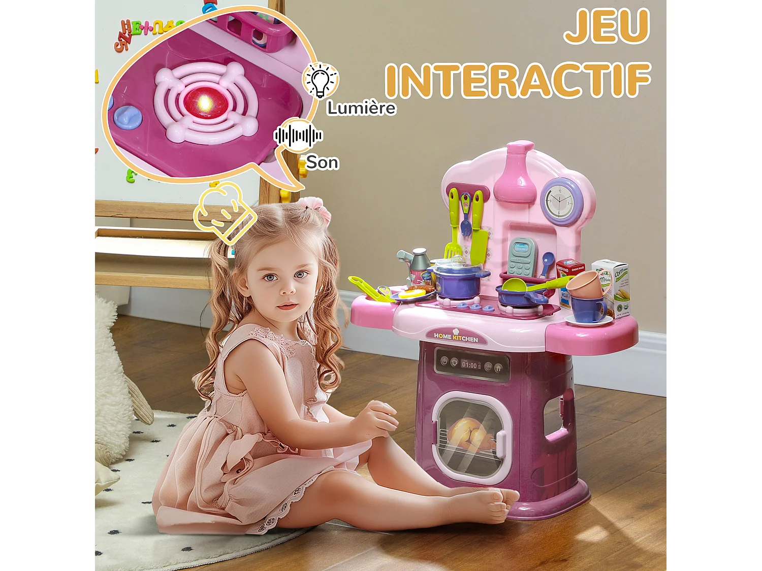 Cuisine enfant jouet d'imitation effets lumineux sonores nombreux accessoires rose