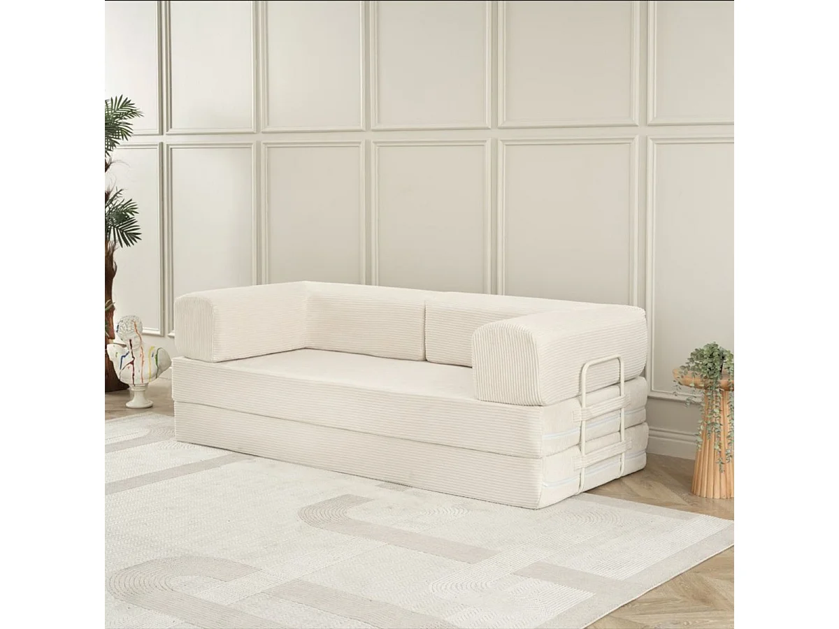 Canapé-lit 2 places modulable en mousse et tissu velours coloris crème - EDNA