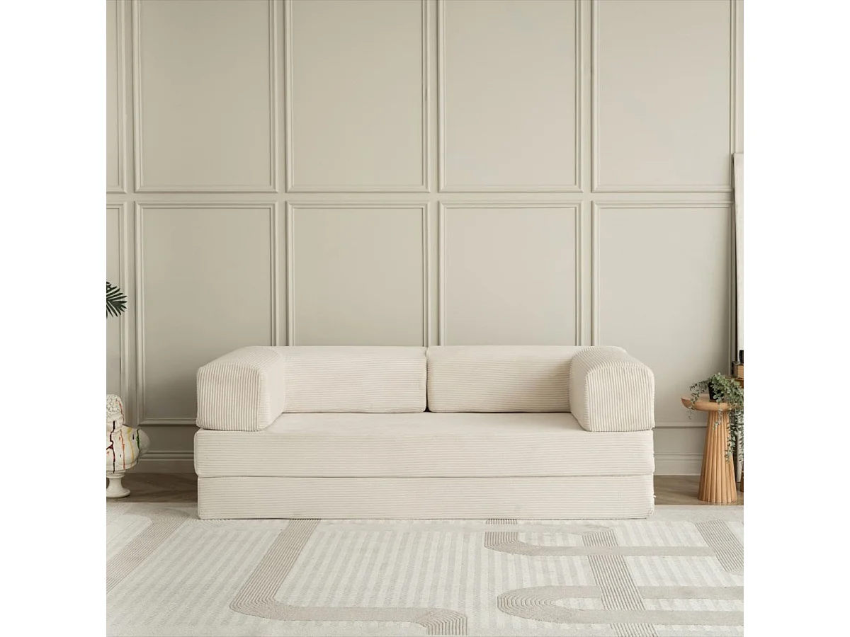 Canapé-lit 2 places modulable en mousse et tissu velours coloris crème - EDNA