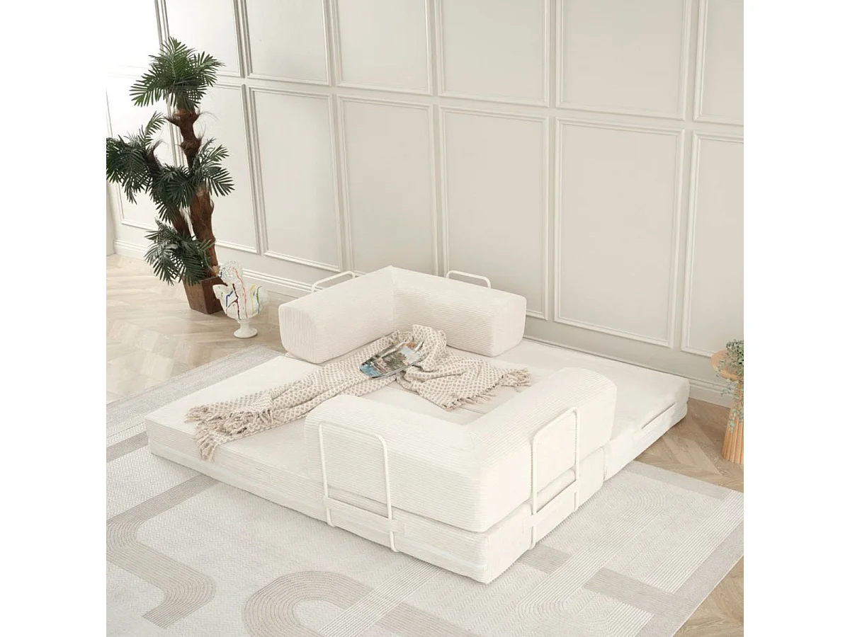 Canapé-lit 2 places modulable en mousse et tissu velours coloris crème - EDNA