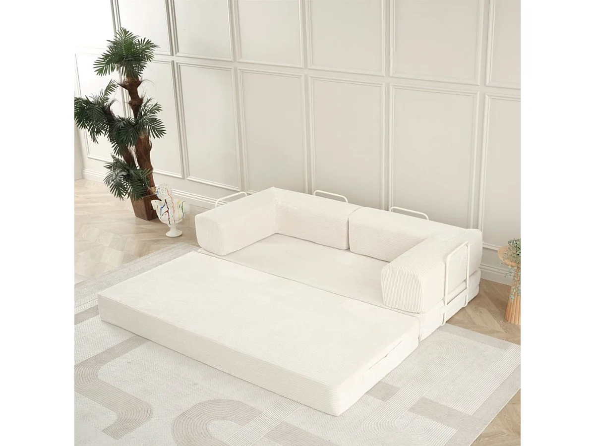 Canapé-lit 2 places modulable en mousse et tissu velours coloris crème - EDNA