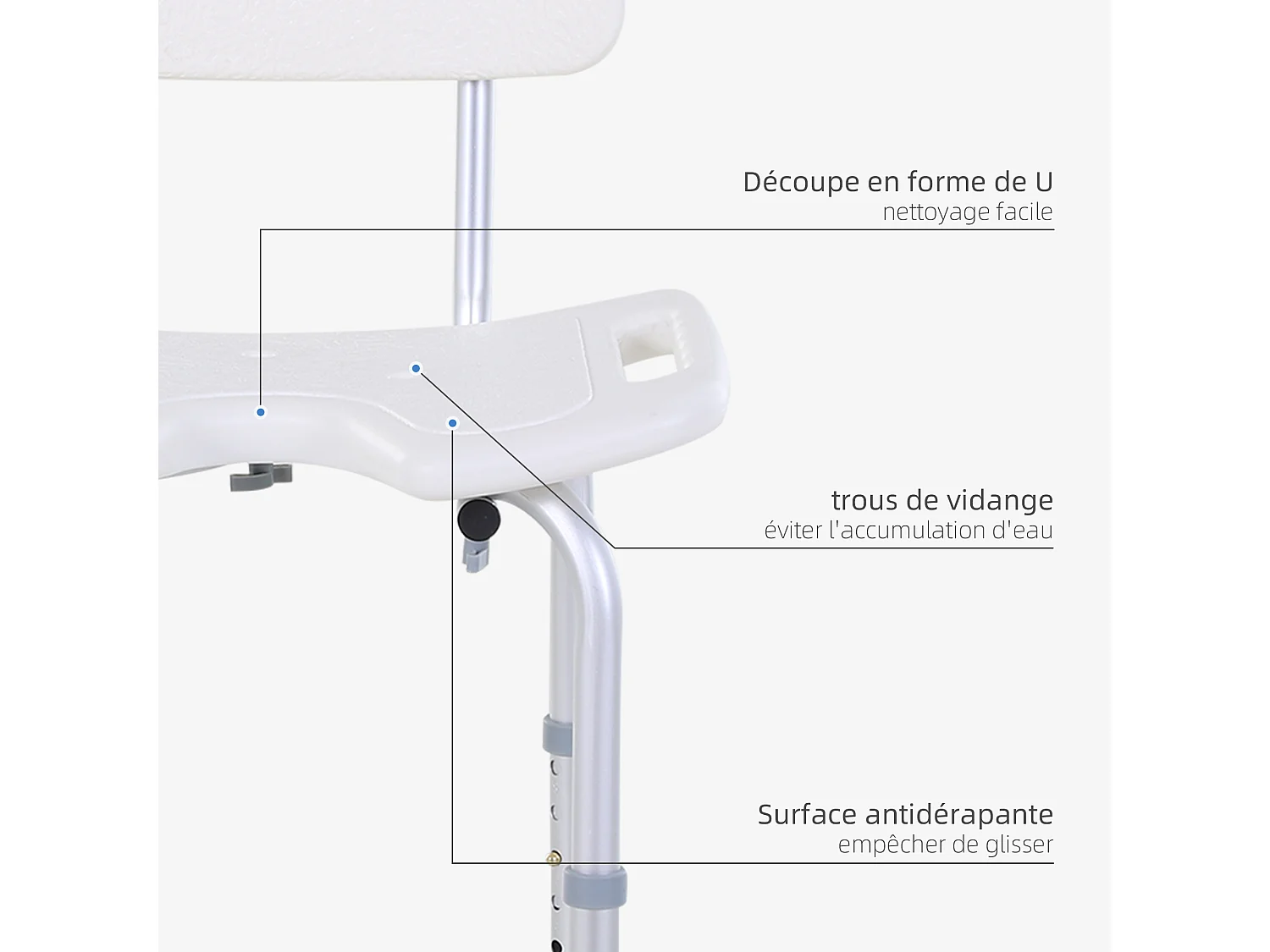 Chaise de douche siège de douche ergonomique hauteur assise réglable pieds antidérapants charge max. 136 Kg alu HDPE blanc