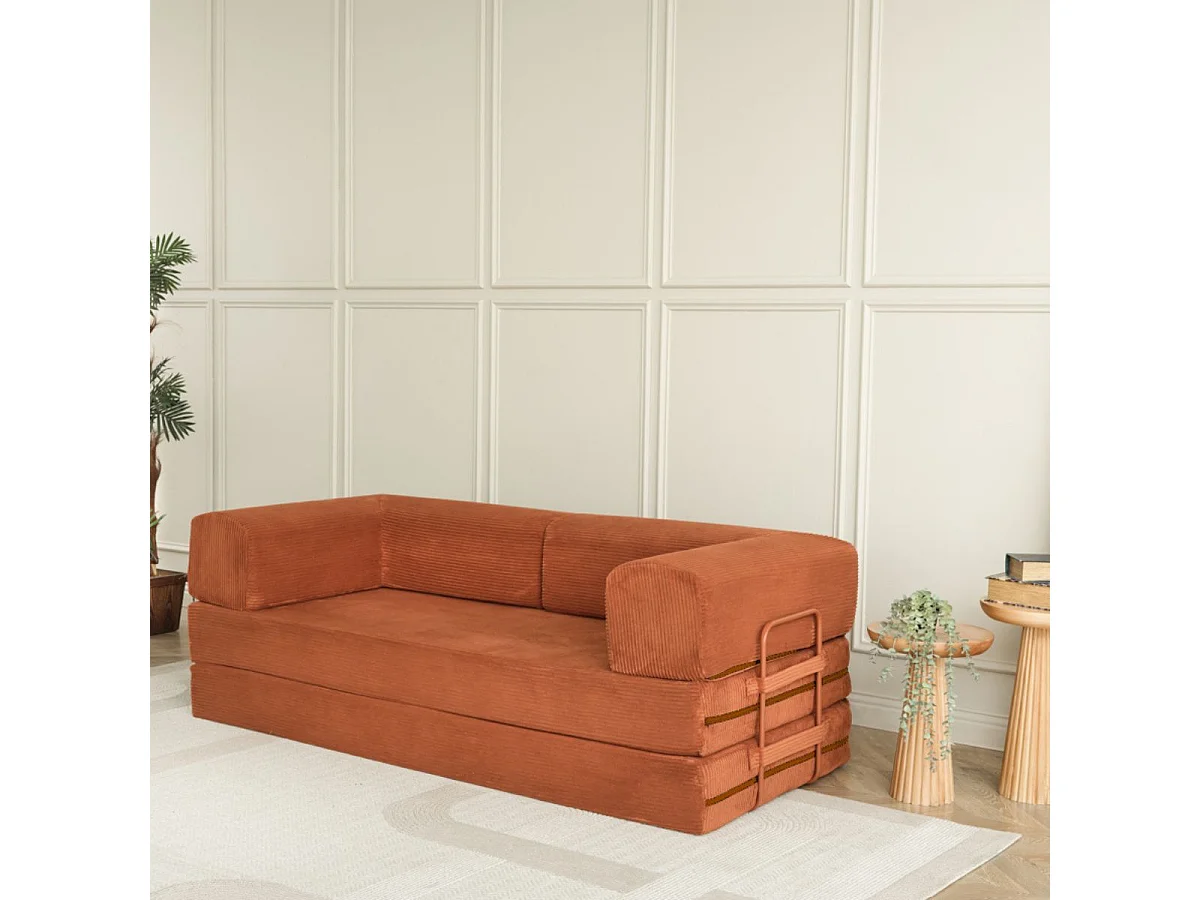 Canapé-lit 2 places modulable en mousse et tissu velours coloris terracotta - EDNA