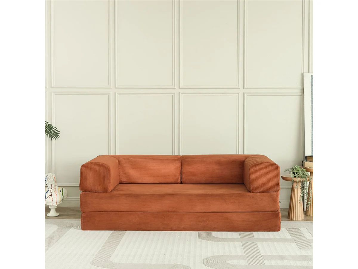 Canapé-lit 2 places modulable en mousse et tissu velours coloris terracotta - EDNA