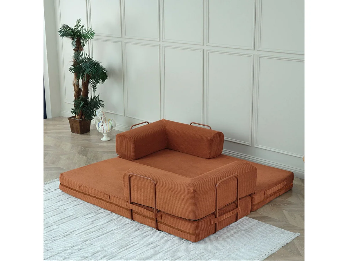 Canapé-lit 2 places modulable en mousse et tissu velours coloris terracotta - EDNA