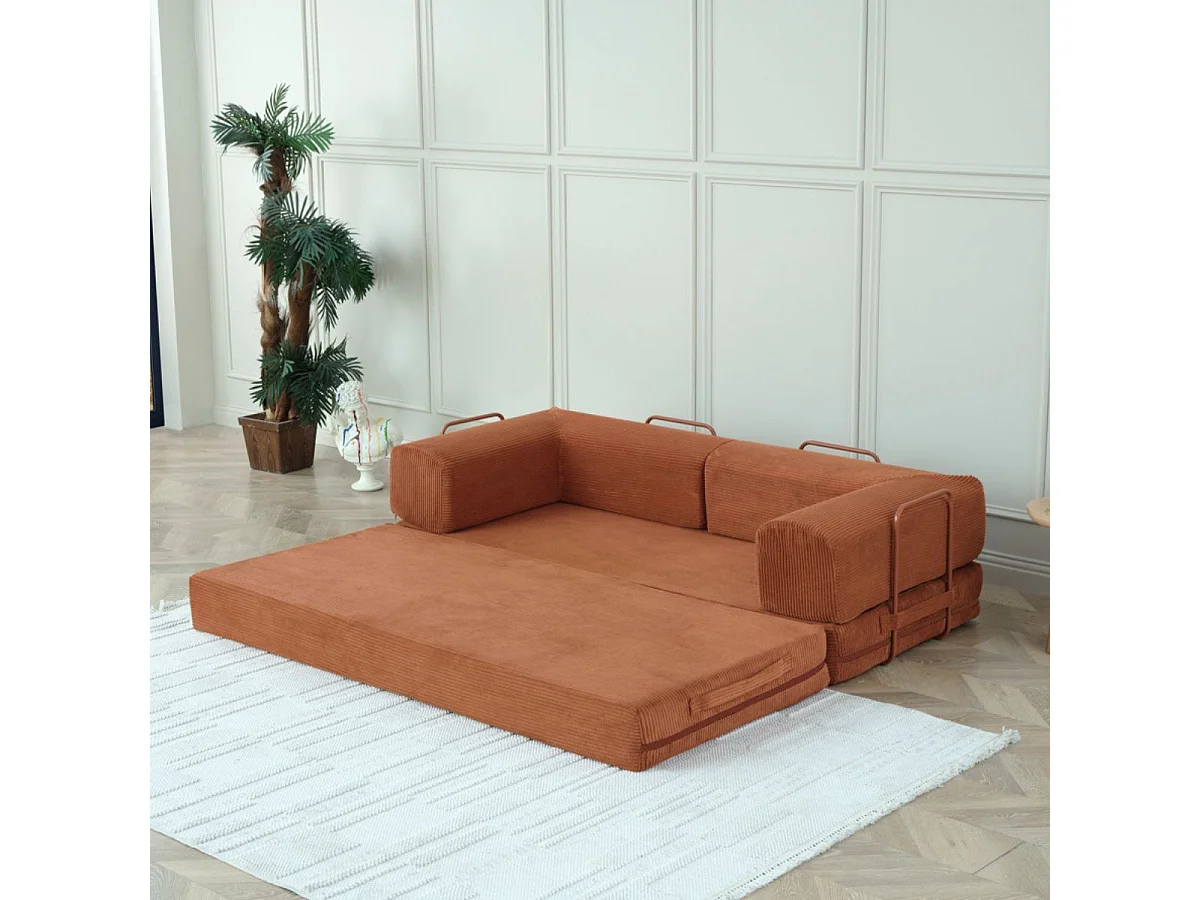 Canapé-lit 2 places modulable en mousse et tissu velours coloris terracotta - EDNA