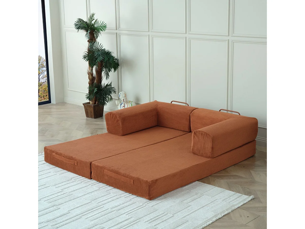 Canapé-lit 2 places modulable en mousse et tissu velours coloris terracotta - EDNA