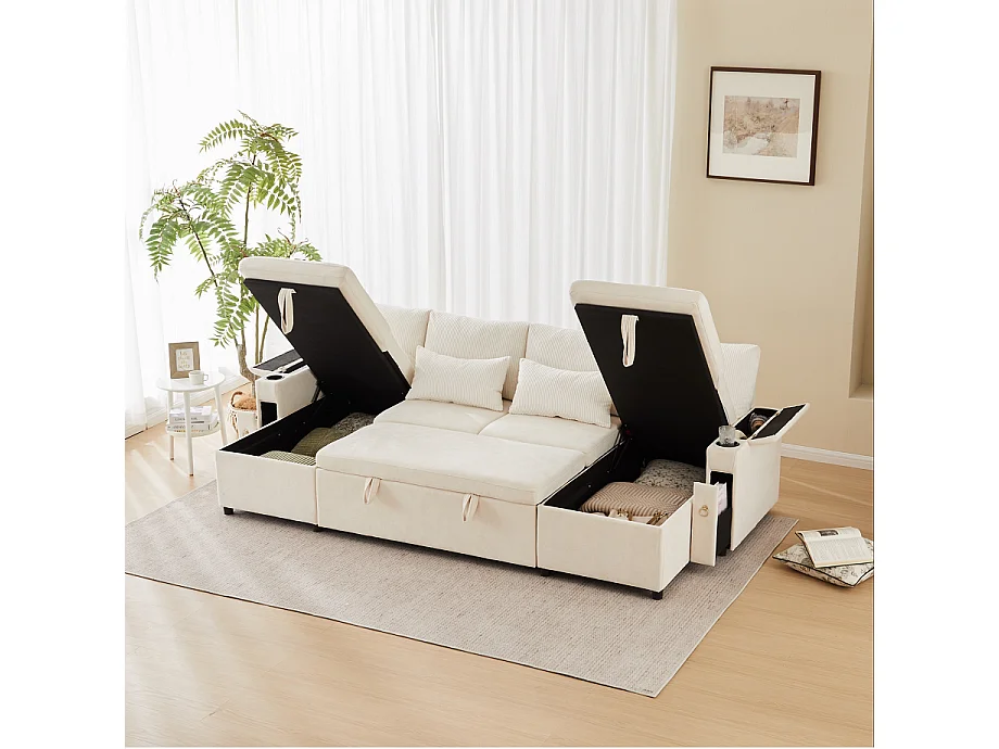 Canapé convertible 4 places en forme de U - 209 x 141.5 x 92.5 cm - repose-pieds et pouf avec rangement - velours - beige