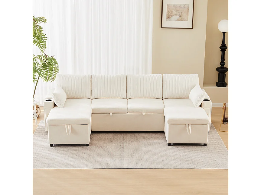 Canapé convertible 4 places en forme de U - 209 x 141.5 x 92.5 cm - repose-pieds et pouf avec rangement - velours - beige