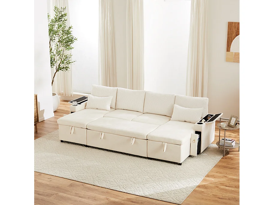 Canapé convertible 4 places en forme de U - 209 x 141.5 x 92.5 cm - repose-pieds et pouf avec rangement - velours - beige