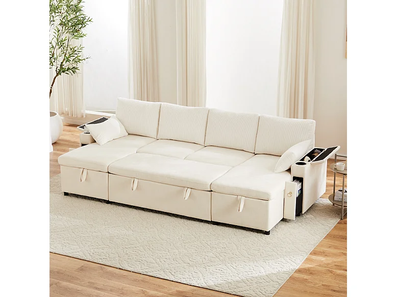 Canapé convertible 4 places en forme de U - 209 x 141.5 x 92.5 cm - repose-pieds et pouf avec rangement - velours - beige