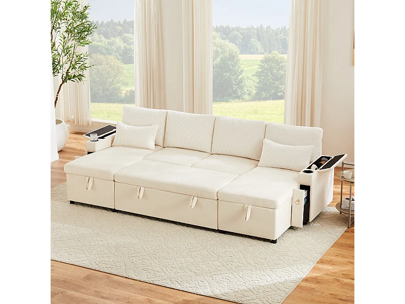 4-Sitzer-Schlafsofa – 272 x 131 x 84 cm – mit Getränkehaltern, Stauraum und Kissen – Samt – beige