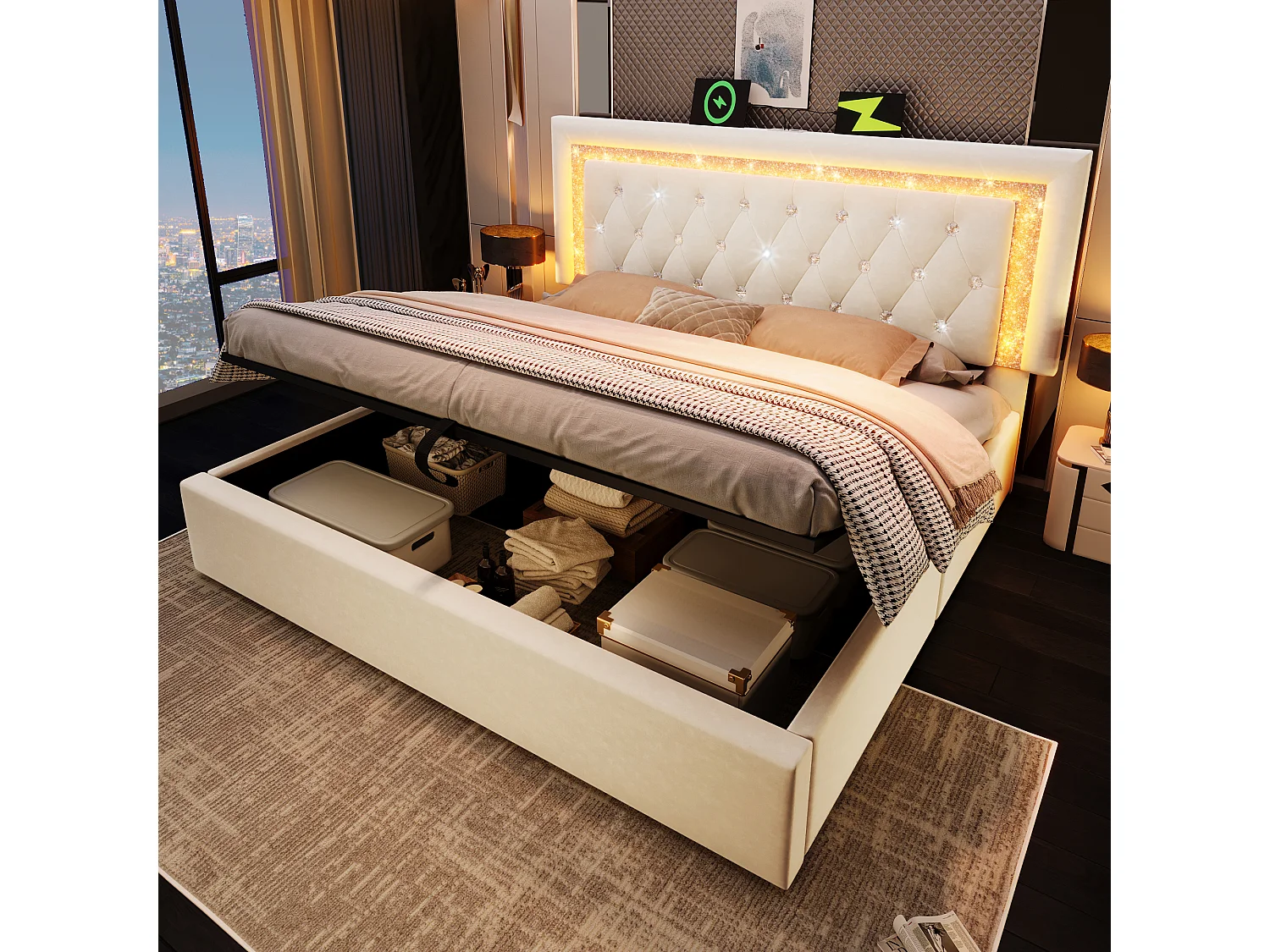 Cama doble tapizada con almacenaje - 180 x 200 cm - cabecero con LED + puertos USB y Tipo C - almacenaje hidráulico - terciopelo - beige