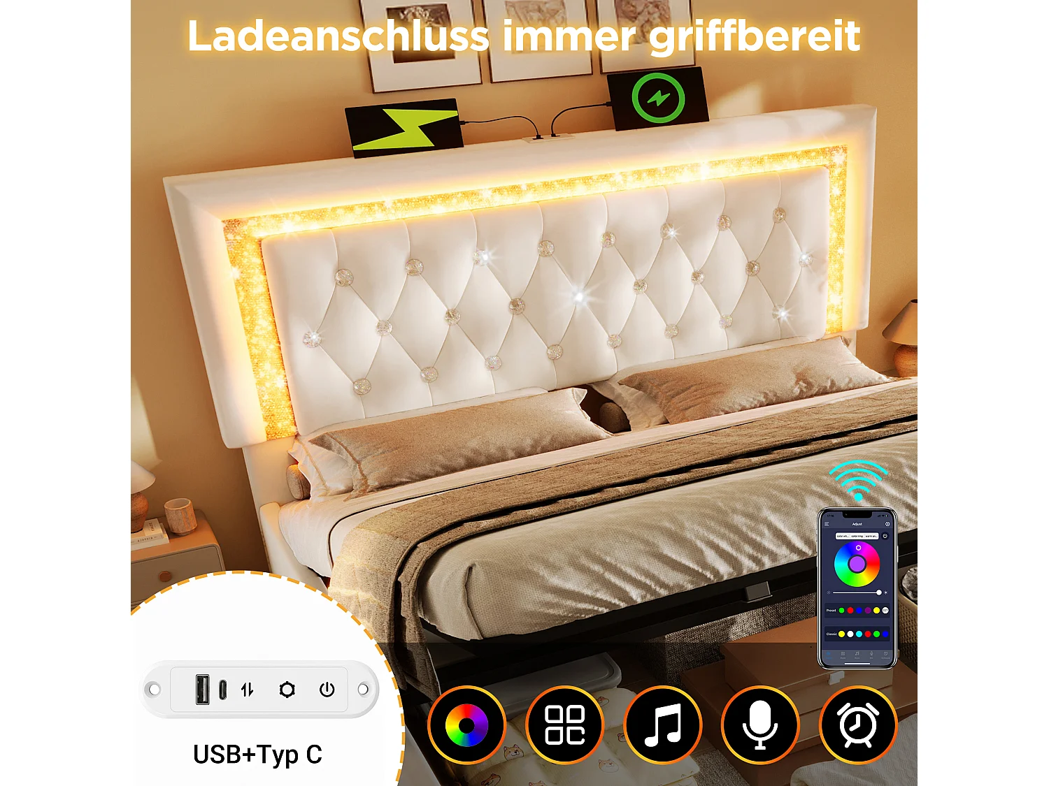 Cama doble tapizada con almacenaje - 180 x 200 cm - cabecero con LED + puertos USB y Tipo C - almacenaje hidráulico - terciopelo - beige