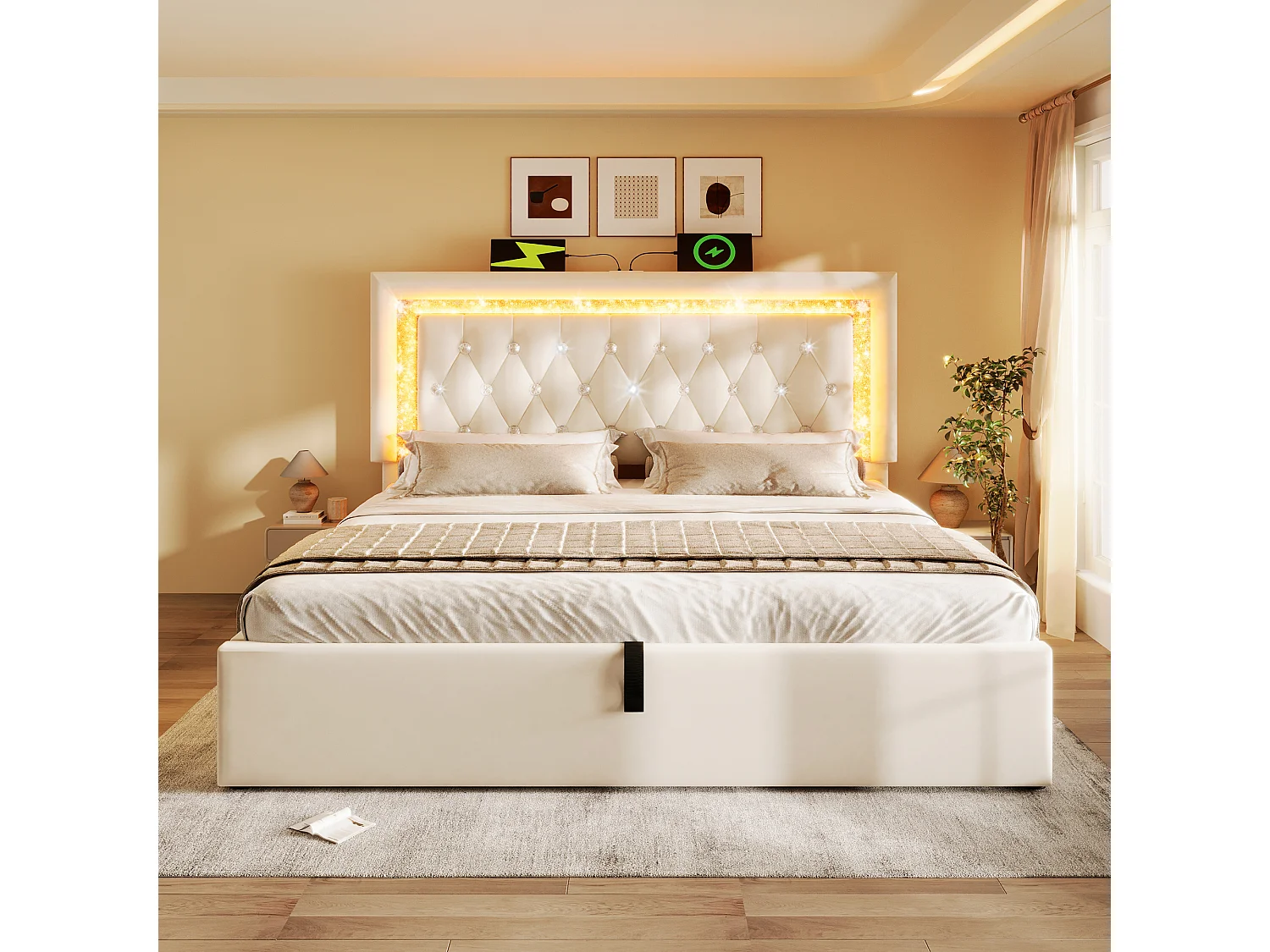Gepolstertes Doppelbett mit Stauraum – 140 x 200 cm – Kopfteil mit LEDs sowie USB- und Typ-C-Anschlüssen – hydraulischer Stauraum – Samt – beige