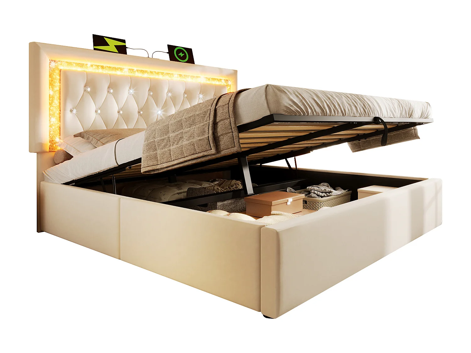 Gepolstertes Doppelbett mit Stauraum – 140 x 200 cm – Kopfteil mit LEDs sowie USB- und Typ-C-Anschlüssen – hydraulischer Stauraum – Samt – beige