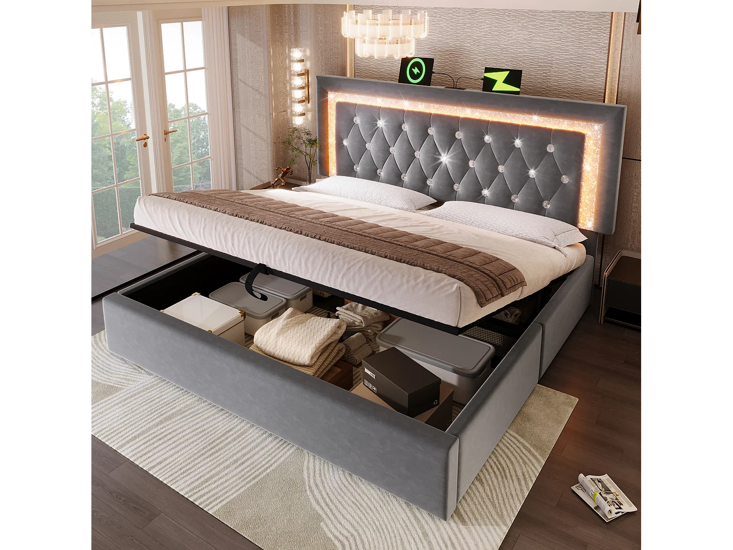 Lit coffre double capitonné - 180 x 200 cm - tête de lit avec Leds + USB et Type-C - rangement hydraulique - velours - gris