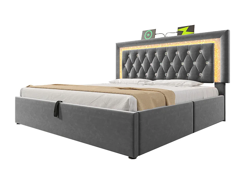 Lit coffre double capitonné - 180 x 200 cm - tête de lit avec Leds + USB et Type-C - rangement hydraulique - velours - gris