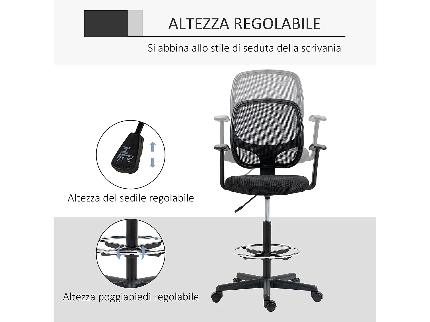 Sedia da ufficio con altezza regolabile ruote braccioli nera