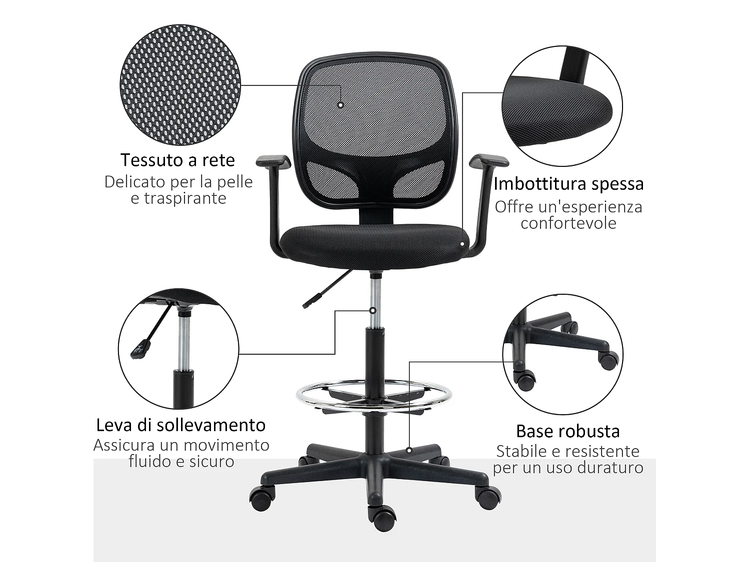 Sedia da ufficio con altezza regolabile ruote braccioli nera