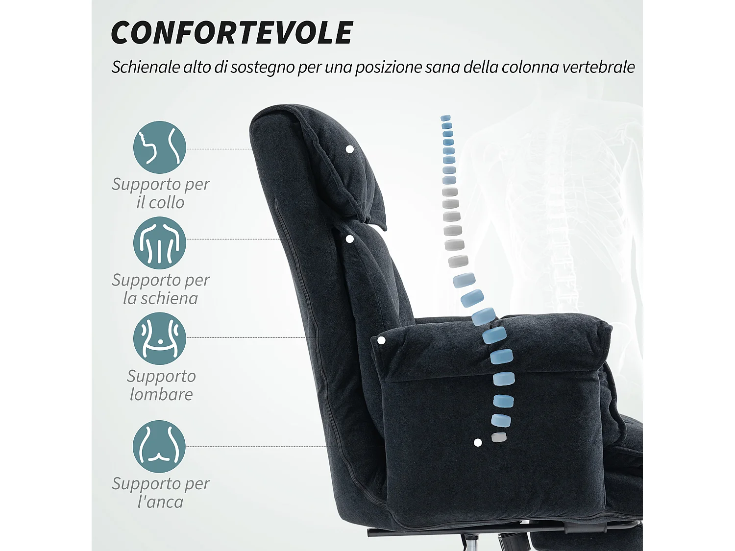 Sedia da ufficio reclinabile con poggiapiedi e schienale alto nero