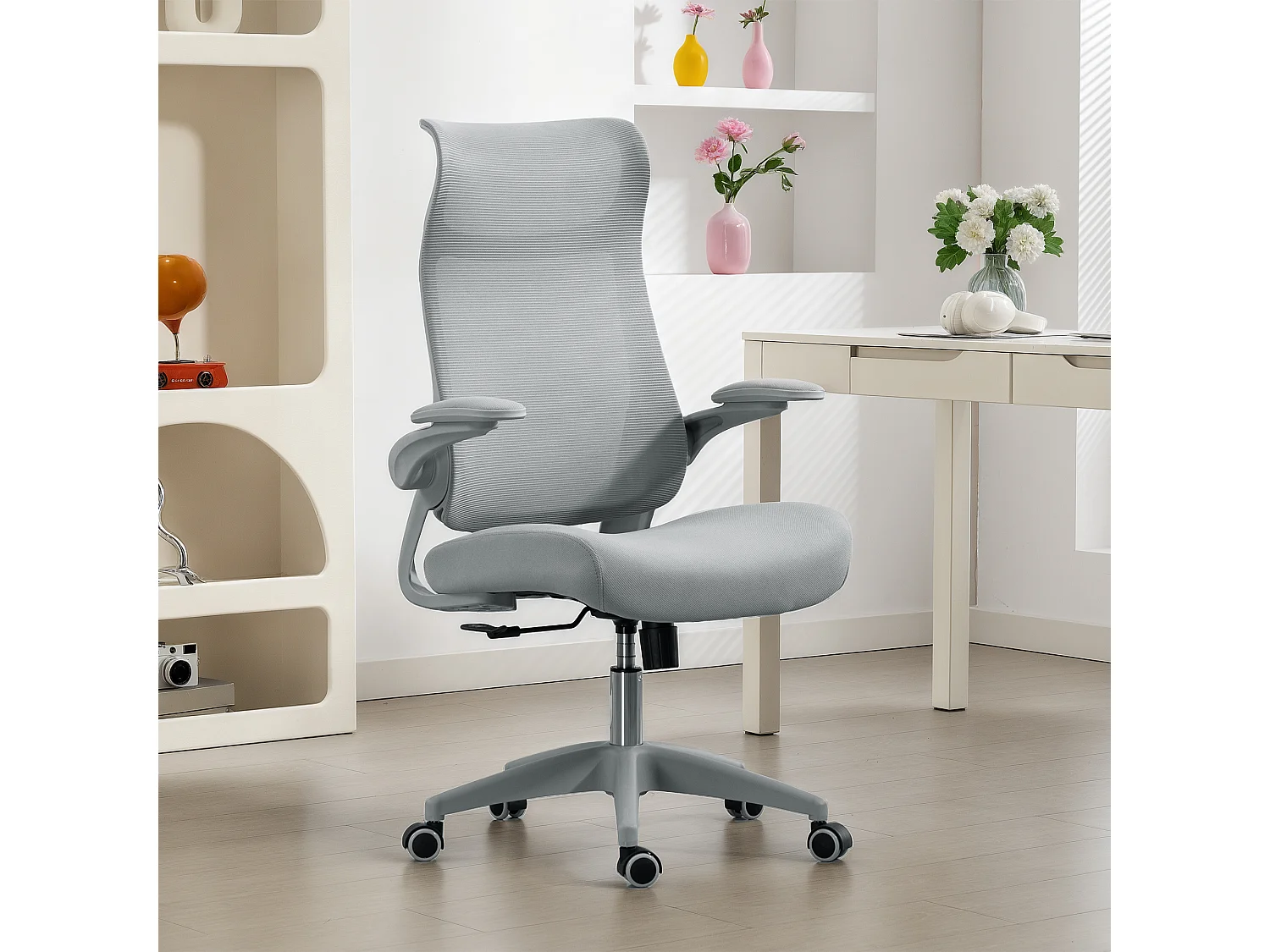 Sedia da ufficio ergonomica con schienale a rete e poggiatesta grigio