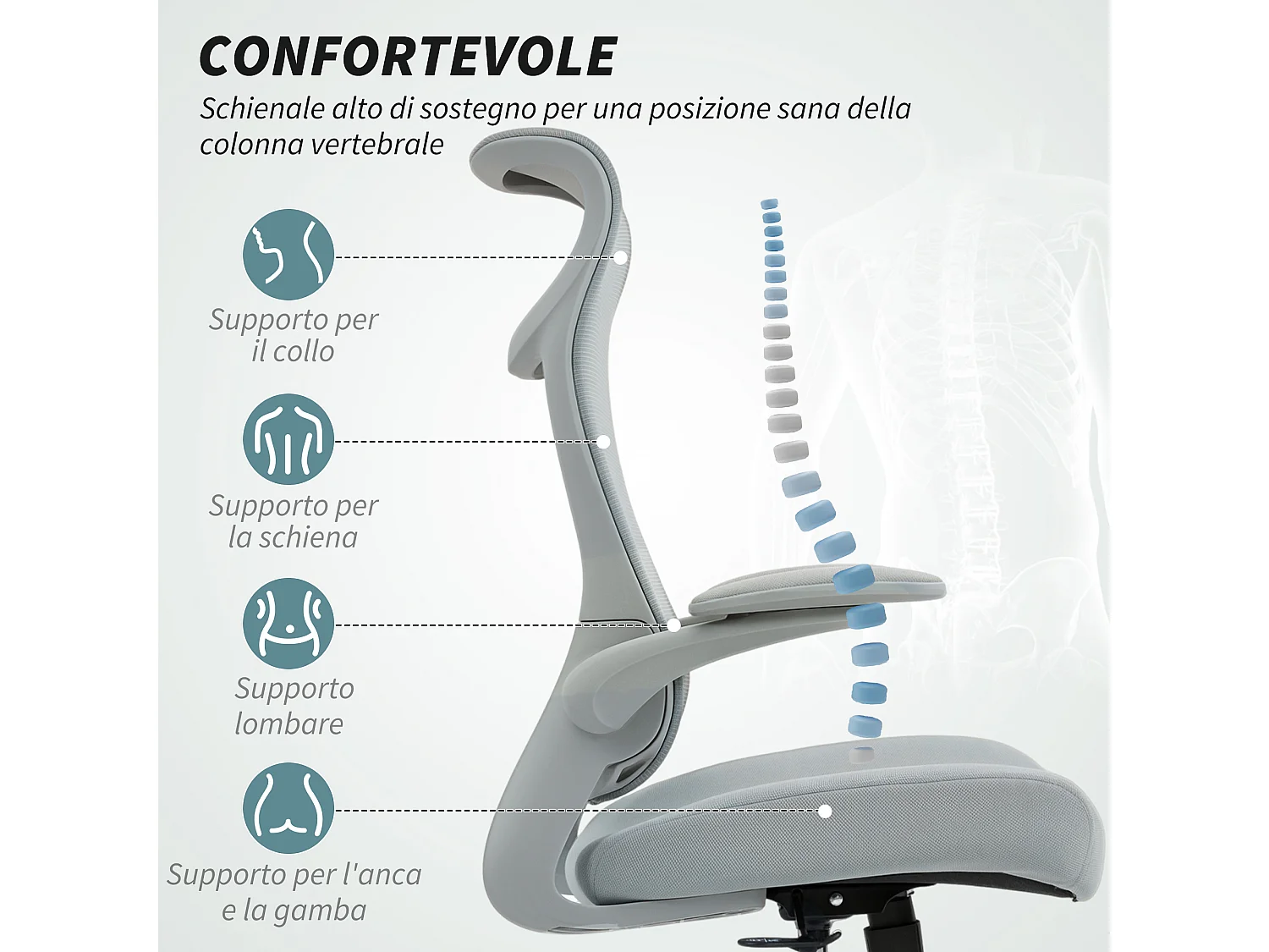 Sedia da ufficio ergonomica con schienale a rete e poggiatesta grigio