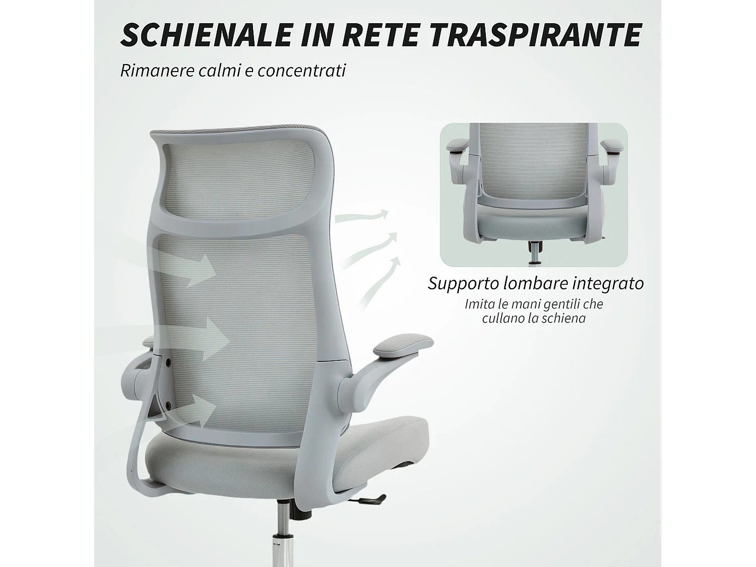 Sedia da ufficio ergonomica con schienale a rete e poggiatesta grigio