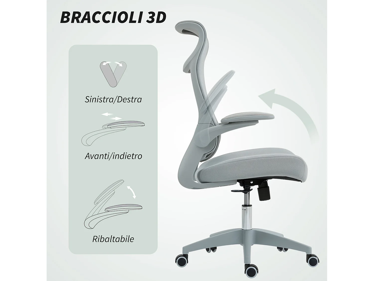 Sedia da ufficio ergonomica con schienale a rete e poggiatesta grigio