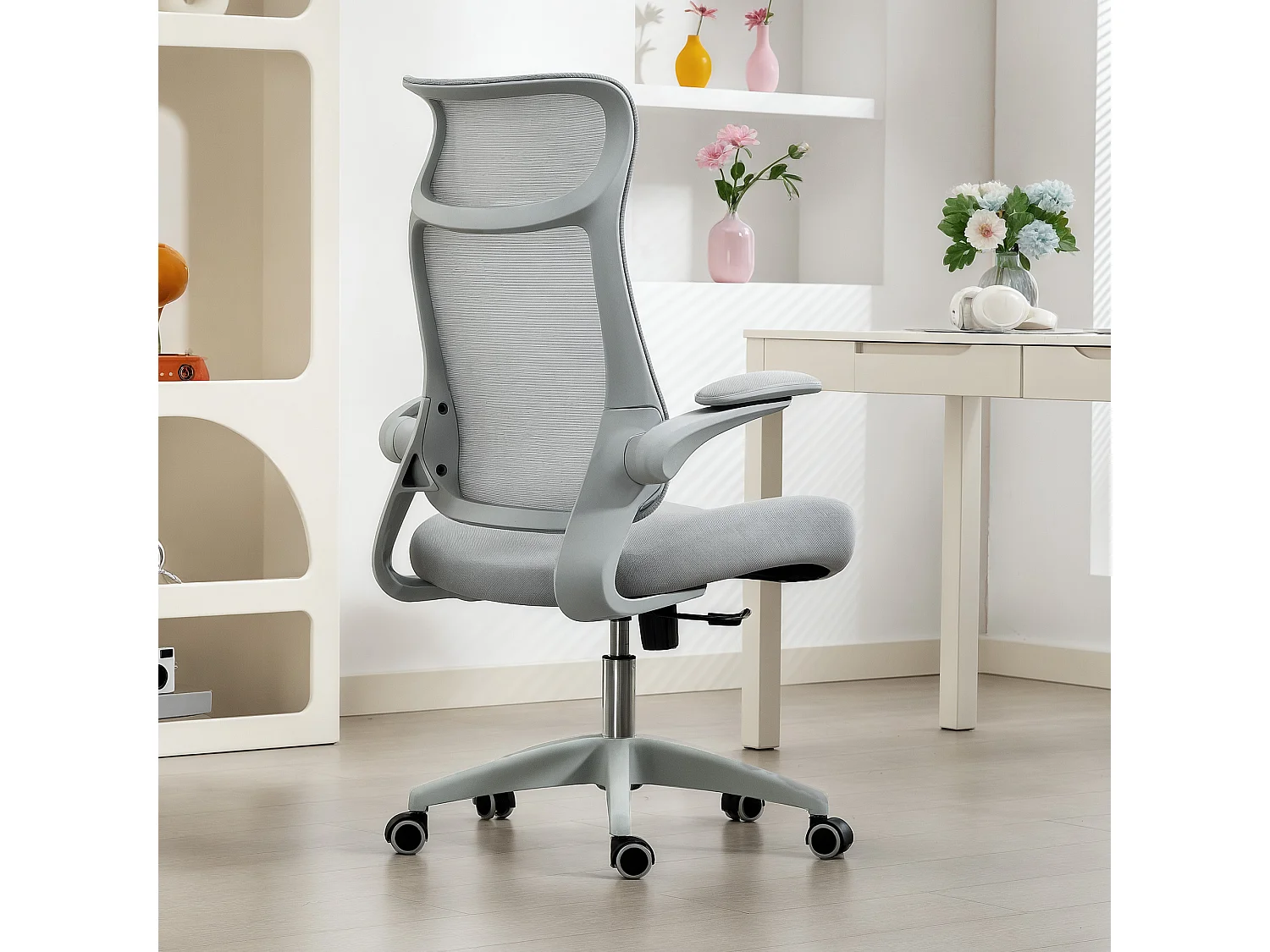 Sedia da ufficio ergonomica con schienale a rete e poggiatesta grigio