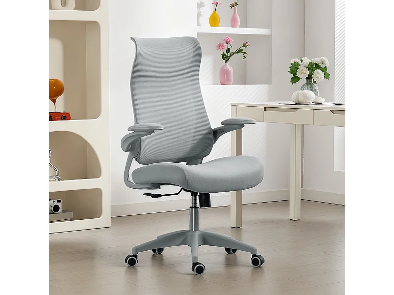 Sedia da ufficio ergonomica con schienale a rete e poggiatesta grigio