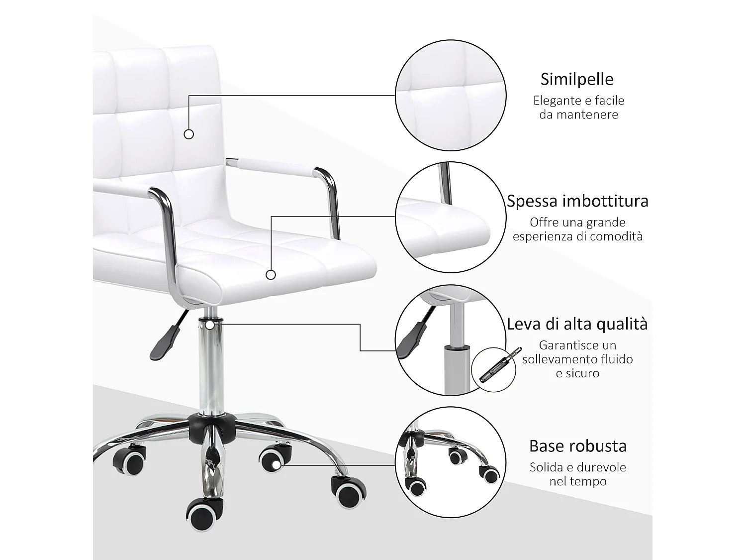 Sedia da ufficio in similpelle bianca con 5 ruote girevoli