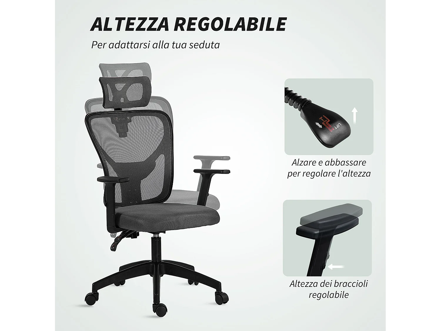 Sedia da ufficio ergonomica e regolabile con supporto lombare grigio