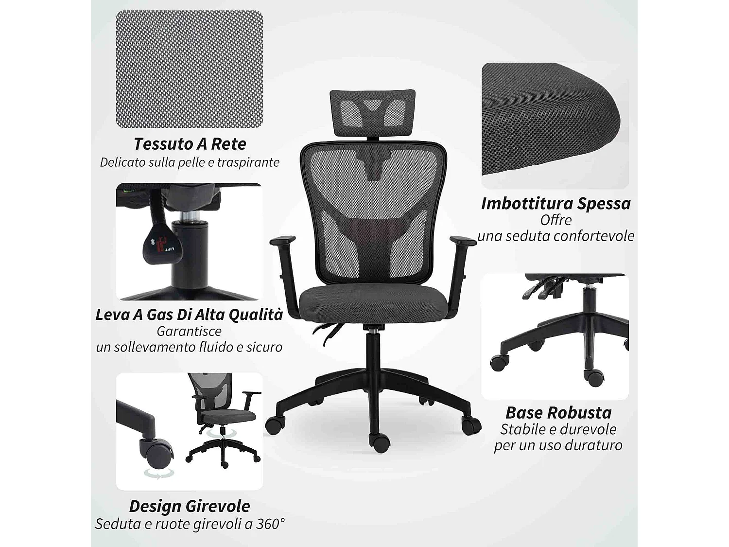 Sedia da ufficio ergonomica e regolabile con supporto lombare grigio