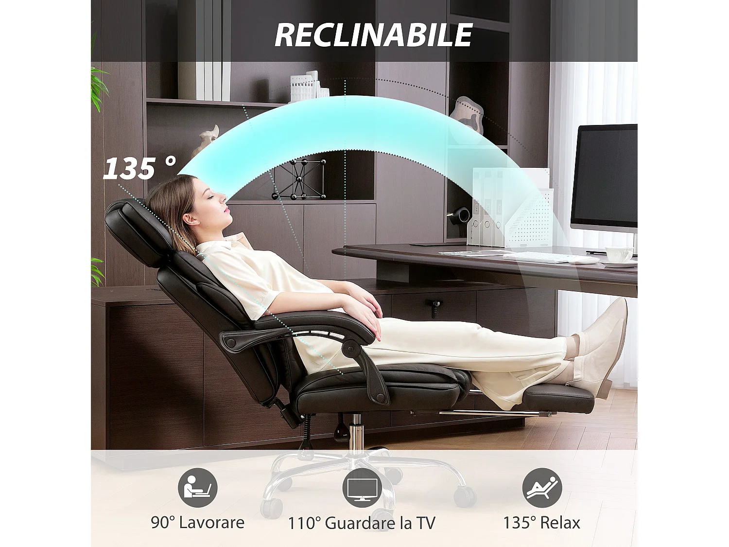 Sedia da ufficio con poggiapiedi supporto lombare e poggiatesta nero