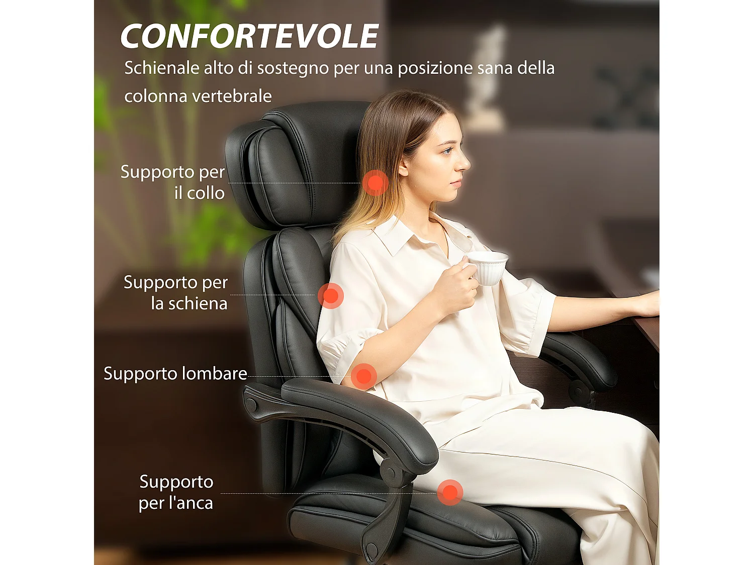 Sedia da ufficio con poggiapiedi supporto lombare e poggiatesta nero