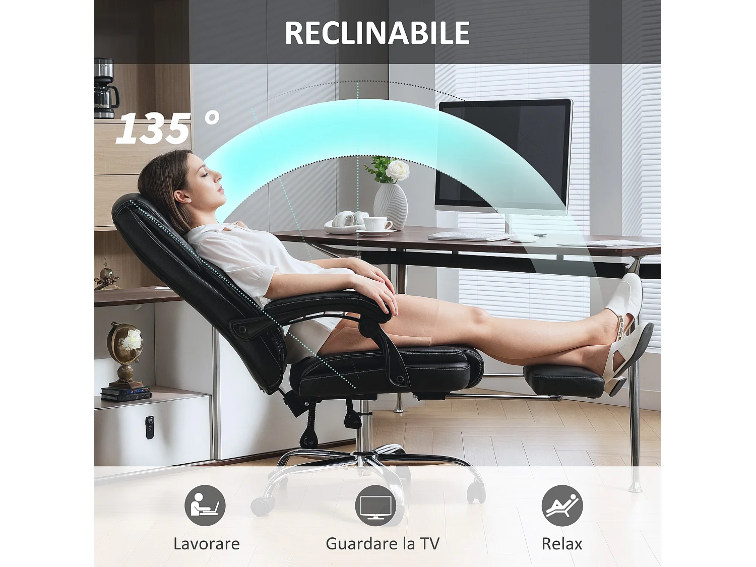 Sedia da ufficio reclinabile con poggiapiedi e imbottitura nero