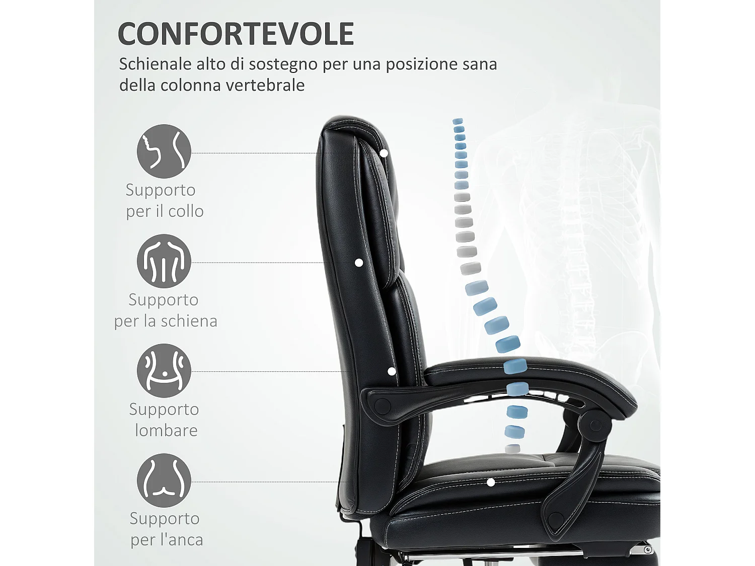 Sedia da ufficio reclinabile con poggiapiedi e imbottitura nero